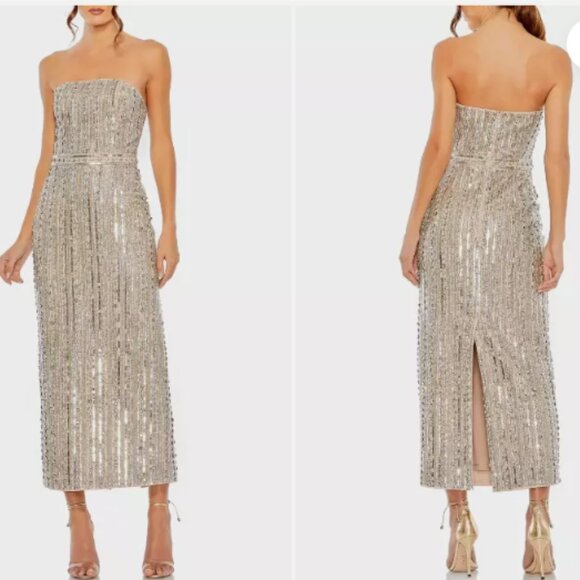 MAC DUGGAL 93831 EMBELLISHED STRAPLESS NUDE/SILVER MIDI DRESS 4 - Picture 1 of 5